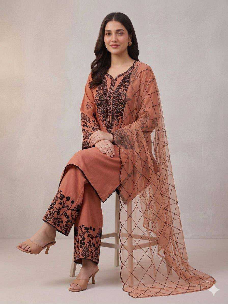Cotton Embroidery Suit in Lavender