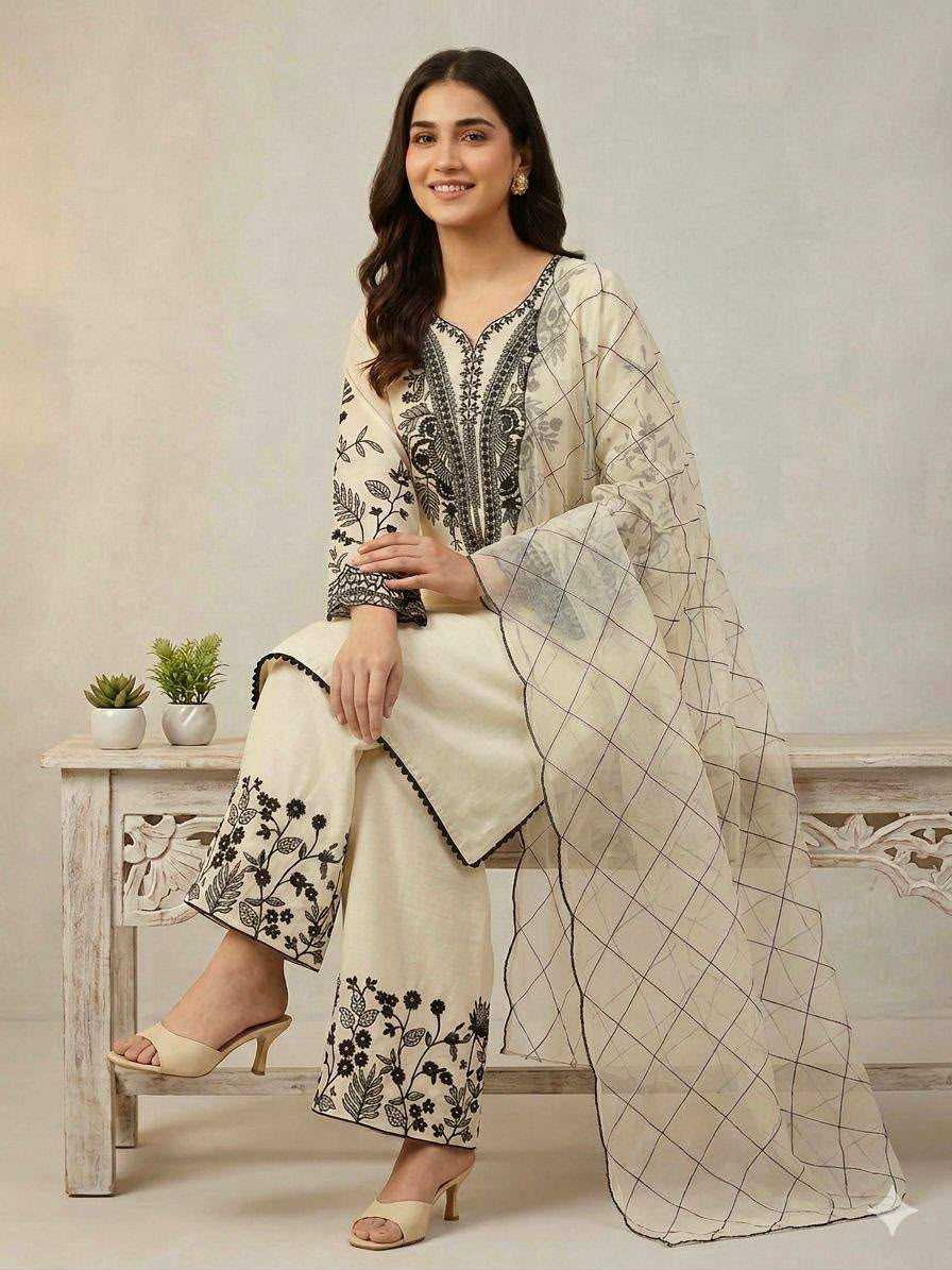 Cotton Embroidery Suit in Lavender