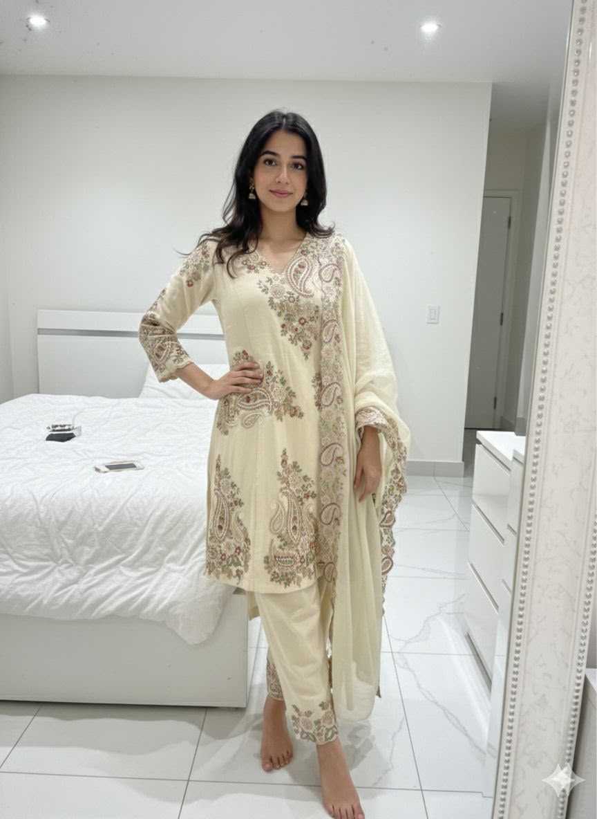 Fendy Embroidery Suit in White