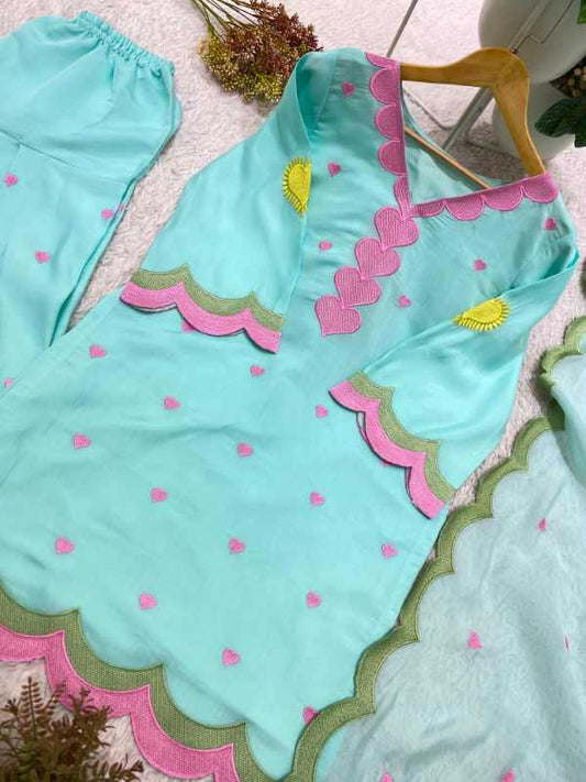Chanderi Cotton Sharara Salwar Suit in Sky Blue