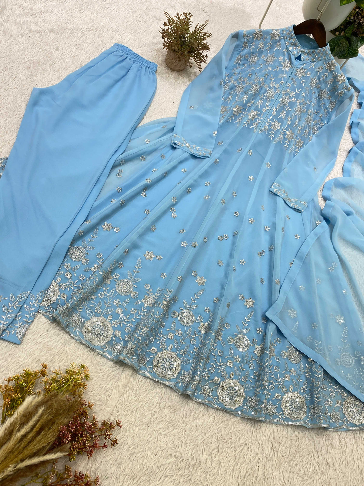 Georgette Embroidery Suit in Sky Blue