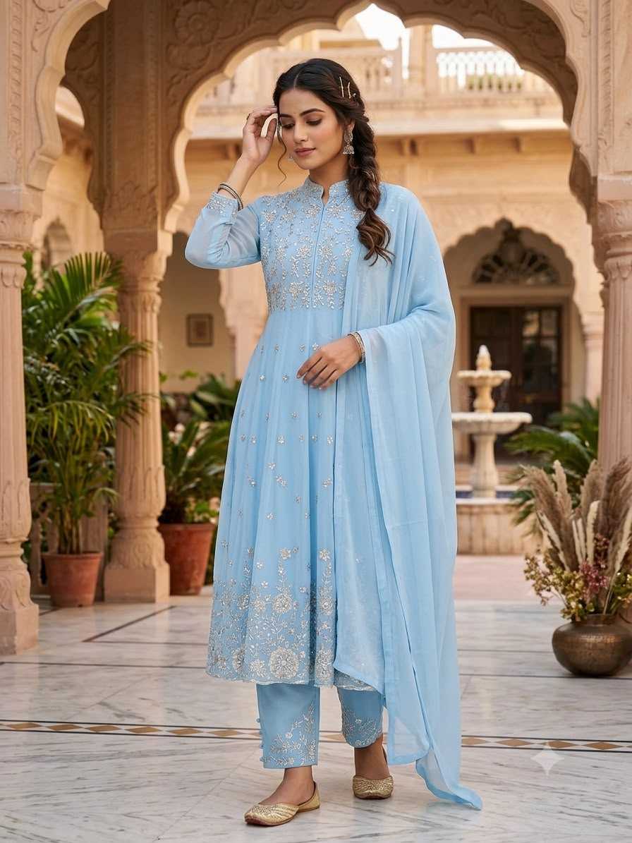 Georgette Embroidery Suit in Sky Blue