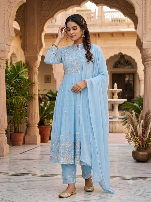 Georgette Embroidery Suit in Sky Blue