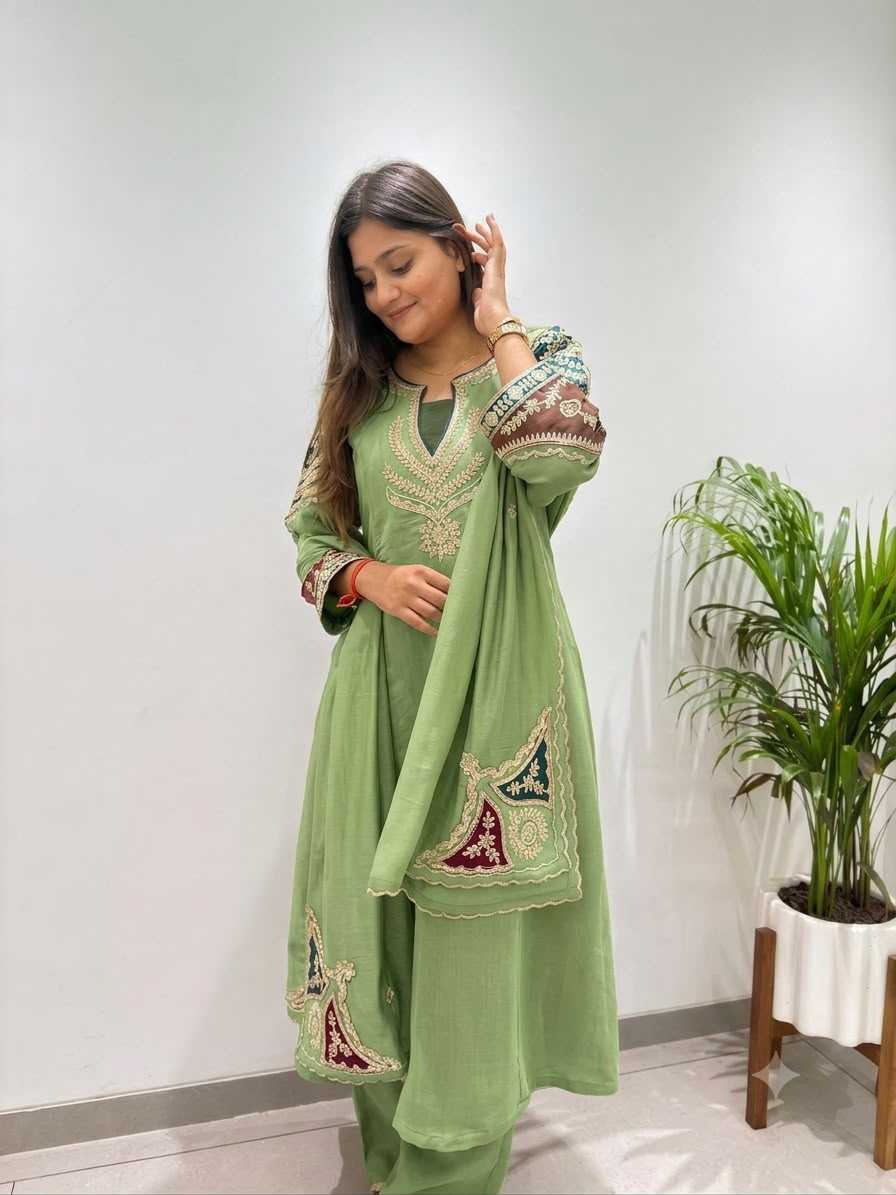 Chanderi Soft Embroidery Suit in Light Green