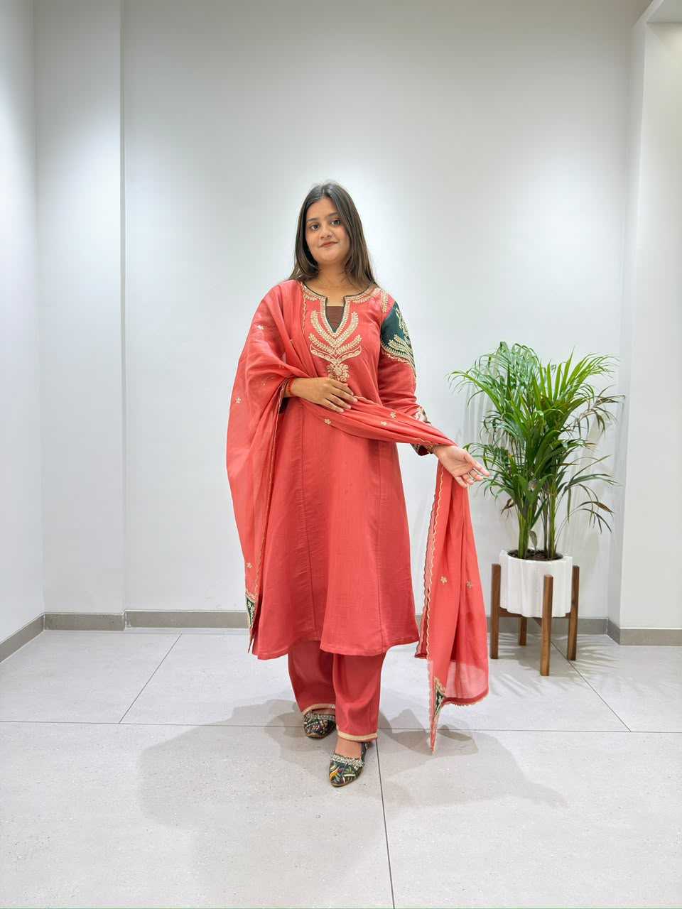 Chanderi Soft Embroidery Suit in Light Green