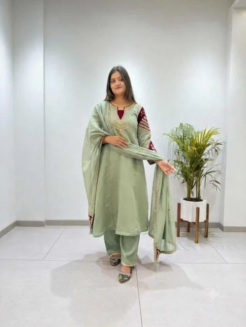 Chanderi Soft Embroidery Suit in Light Green