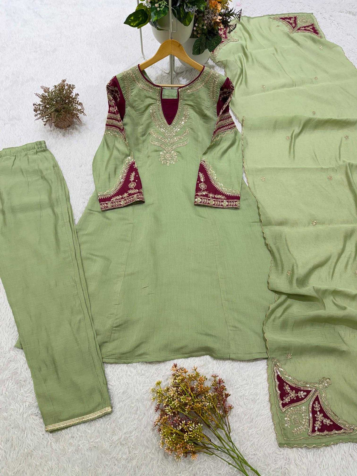 Chanderi Soft Embroidery Suit in Light Green