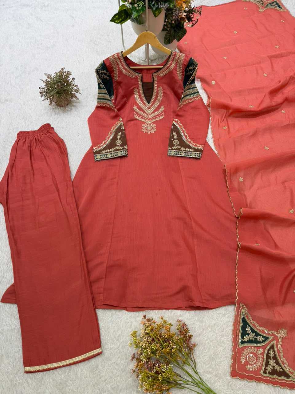 Chanderi Soft Embroidery Suit in Light Green