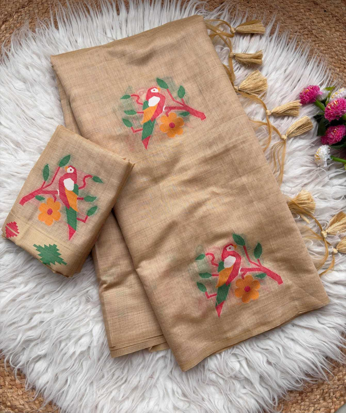 Parrot Chanderi Cotton Fancy Saree