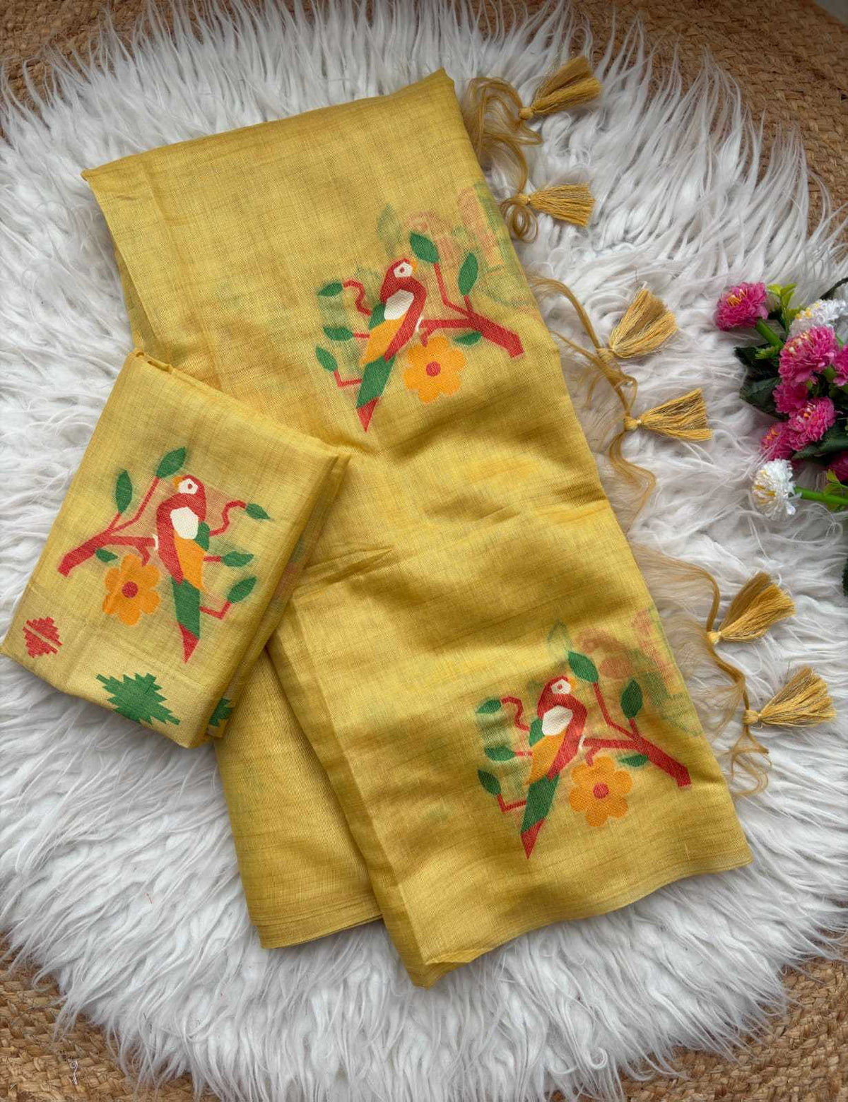 Parrot Chanderi Cotton Fancy Saree