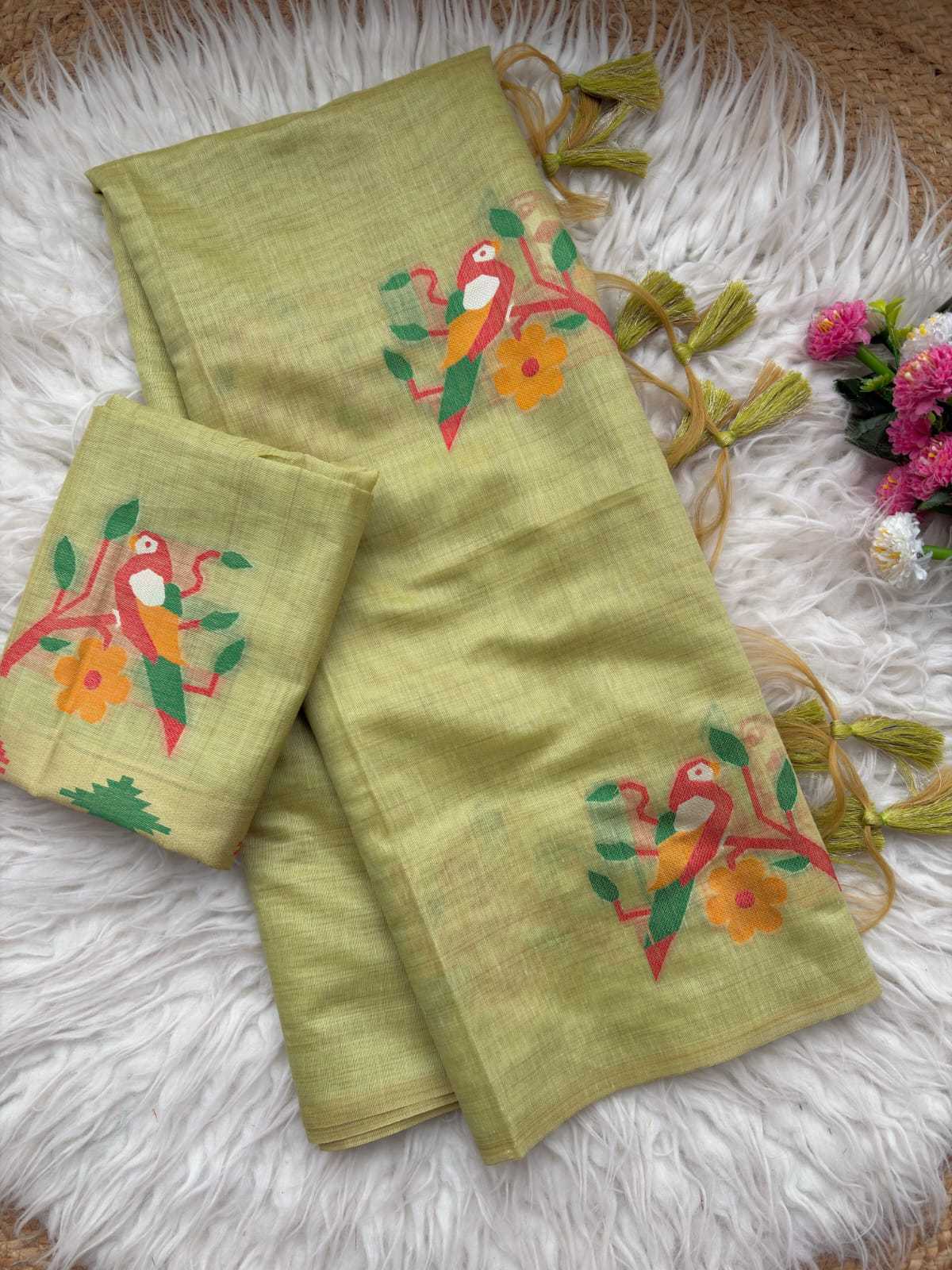 Parrot Chanderi Cotton Fancy Saree