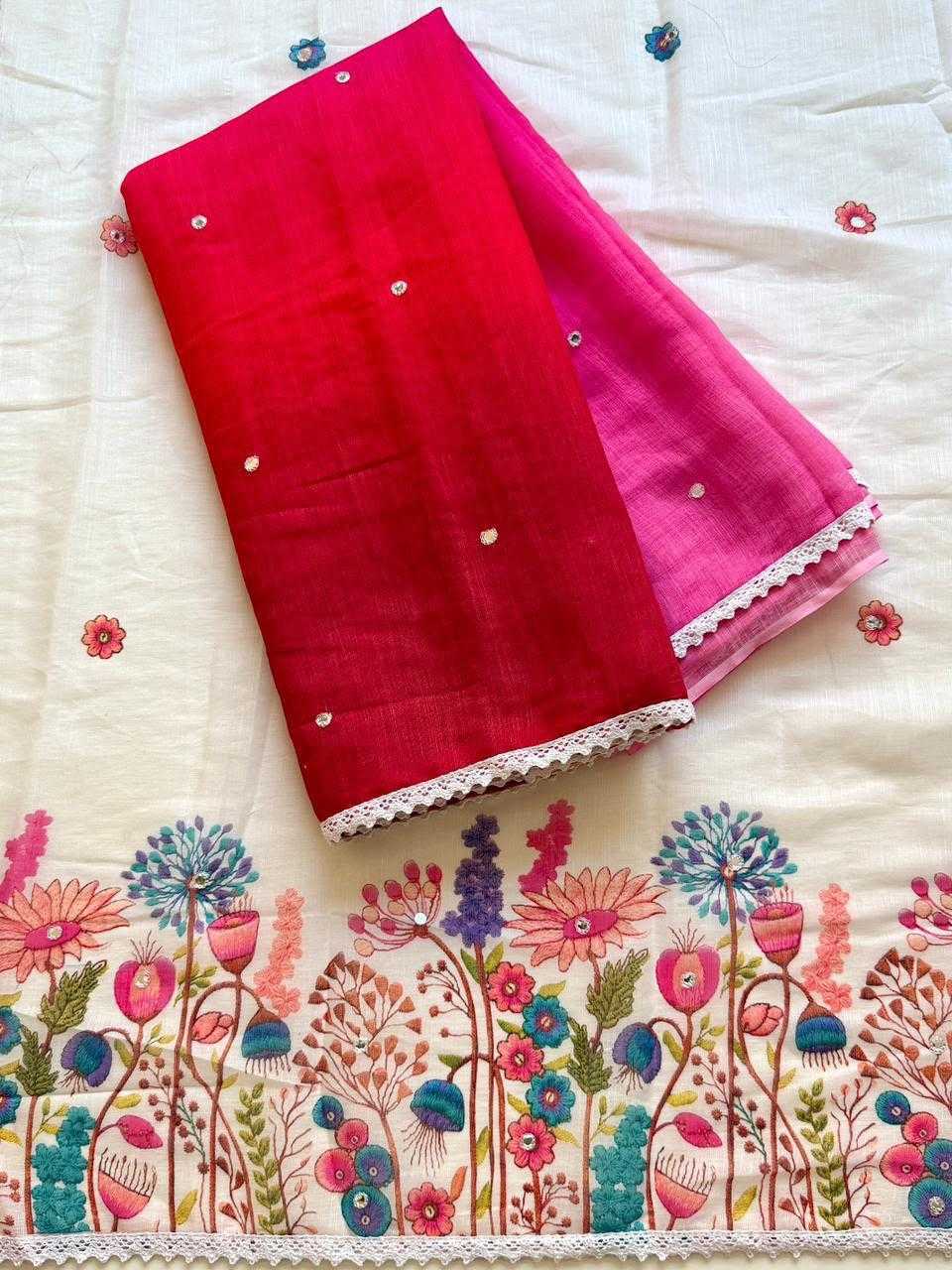 Linen Embroidered Saree