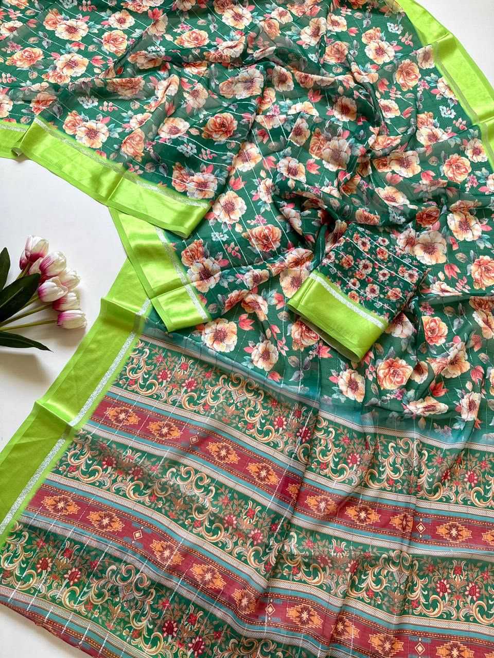 Dull Moss Printed Saree