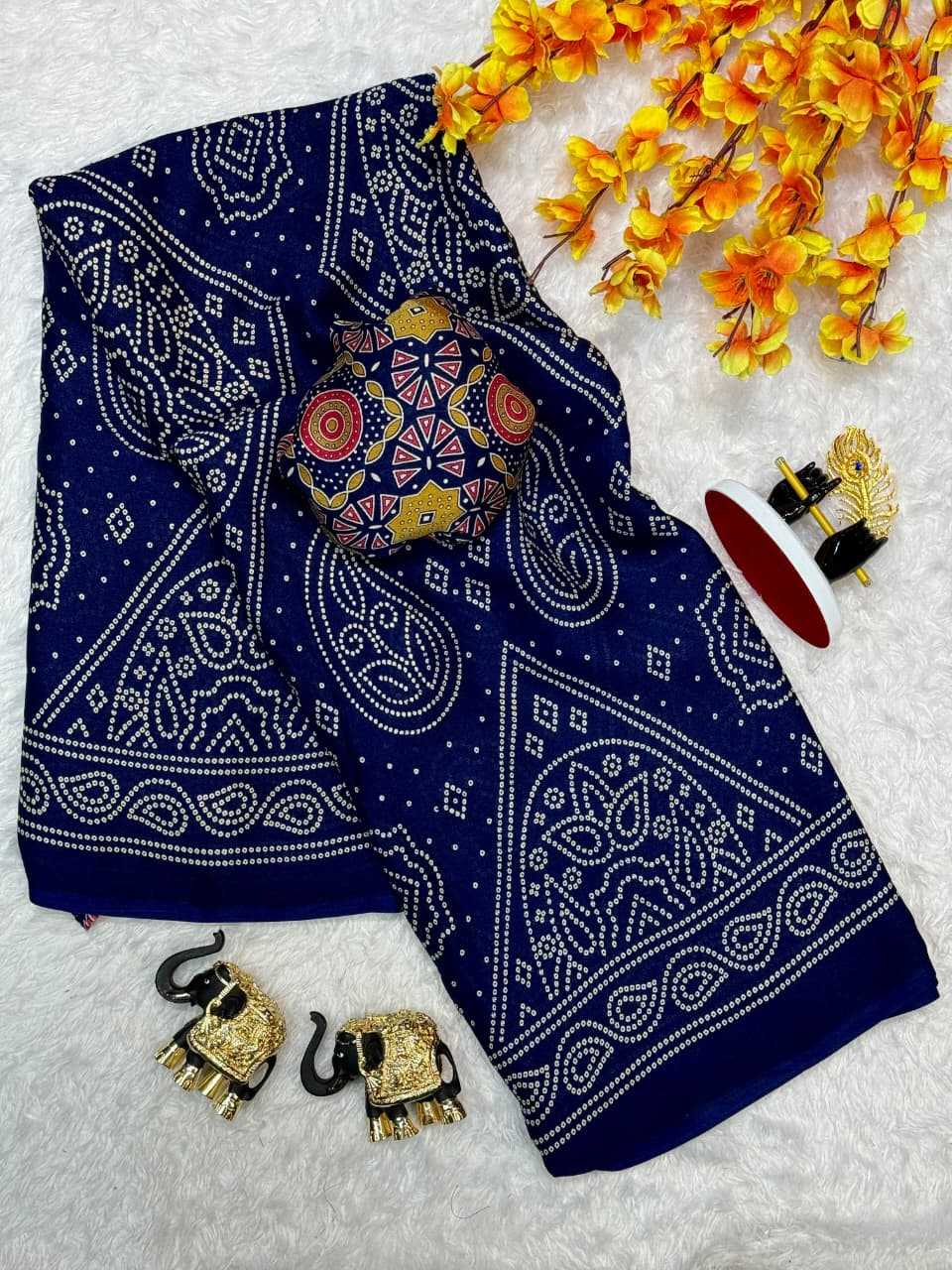 Keri Bandhej Dull Moss Designer Saree in Navy Blue