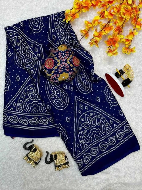 Keri Bandhej Dull Moss Designer Saree in Navy Blue