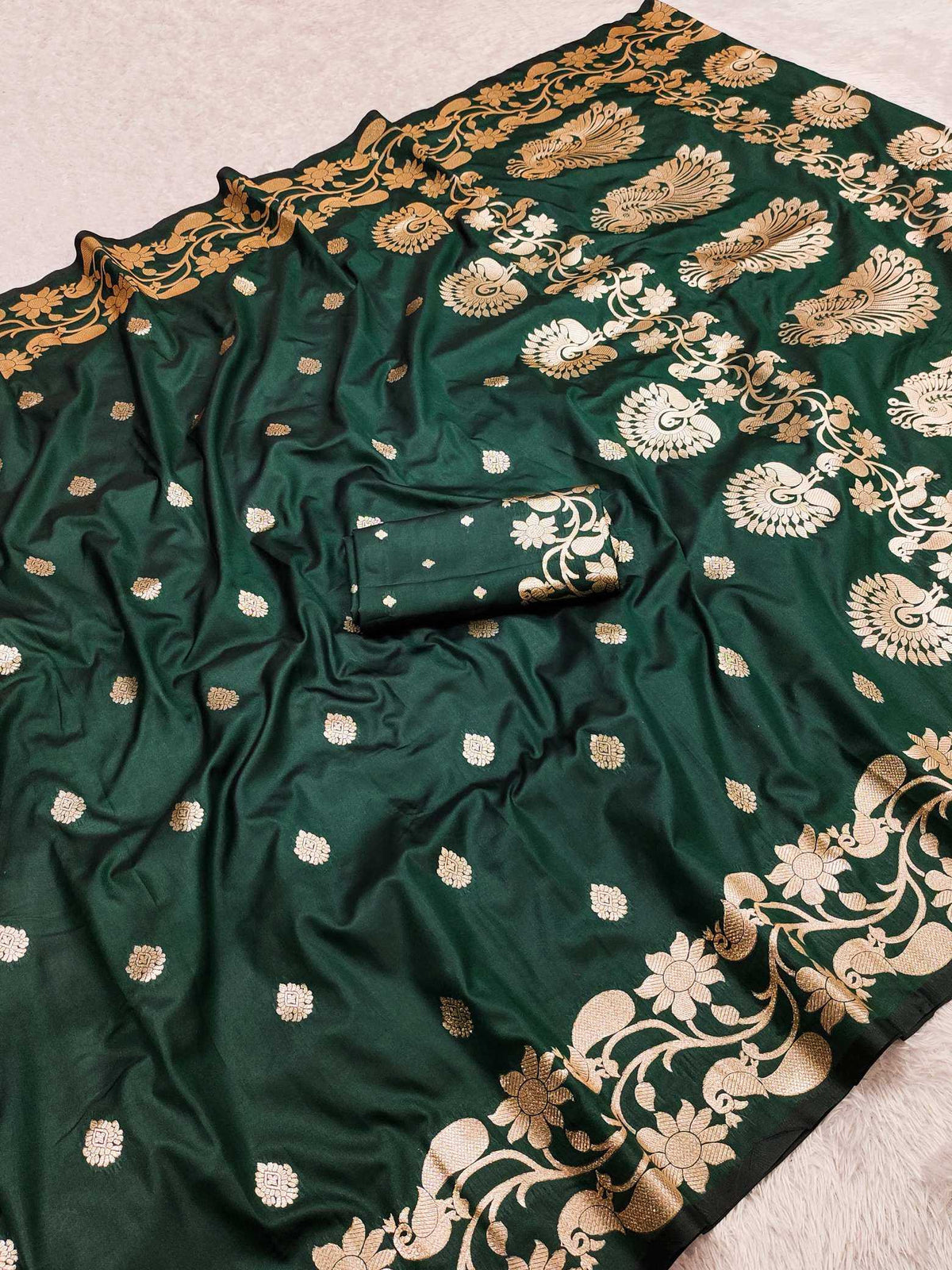 Banarasi Soft Silk Saree in Dark Green