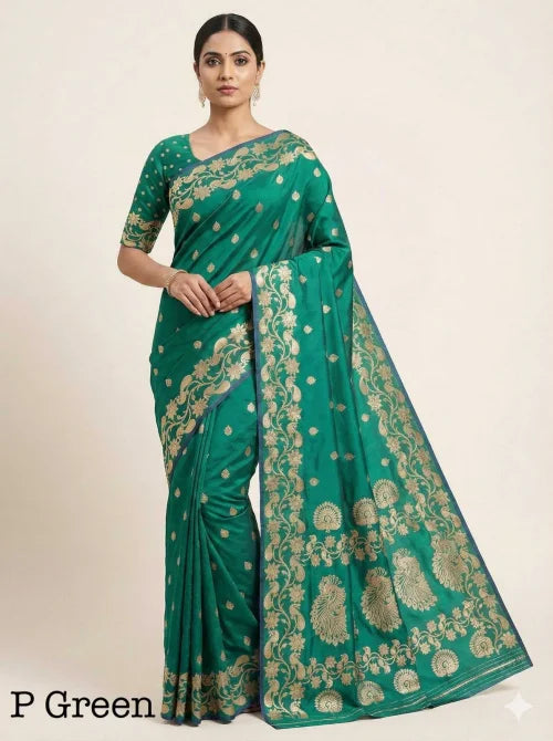 Banarasi Soft Silk Saree in Dark Green