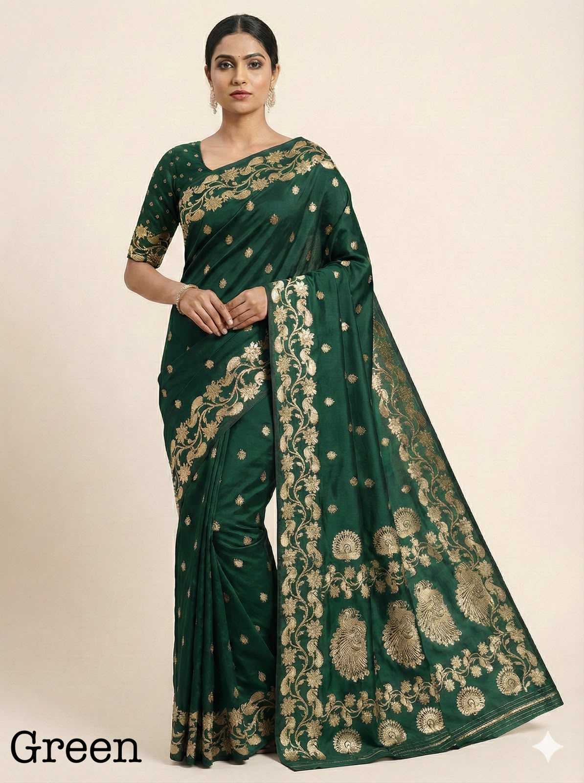 Banarasi Soft Silk Saree in Dark Green