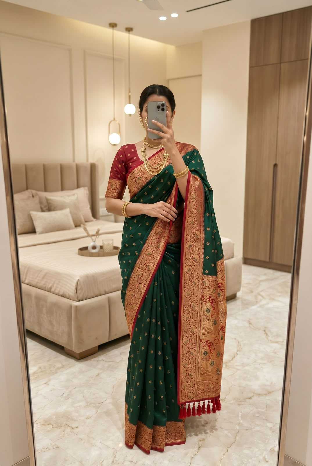 Diya Banarasi Soft Silk Saree in Dark Green