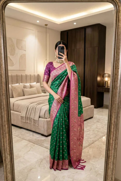 Diya Banarasi Soft Silk Saree in Dark Green