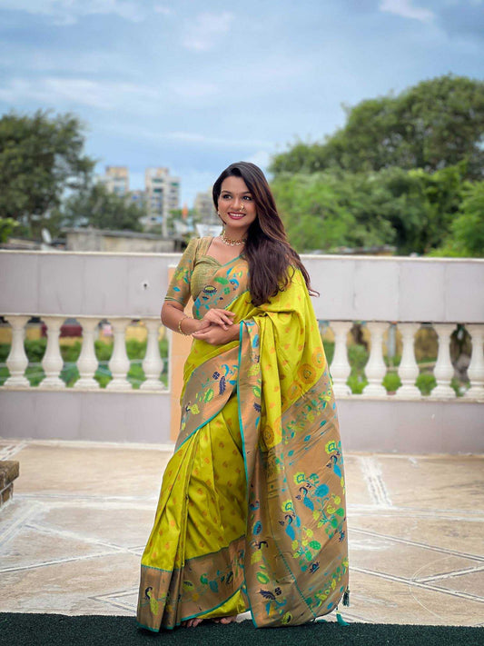 Marigold Paithani Silk Saree