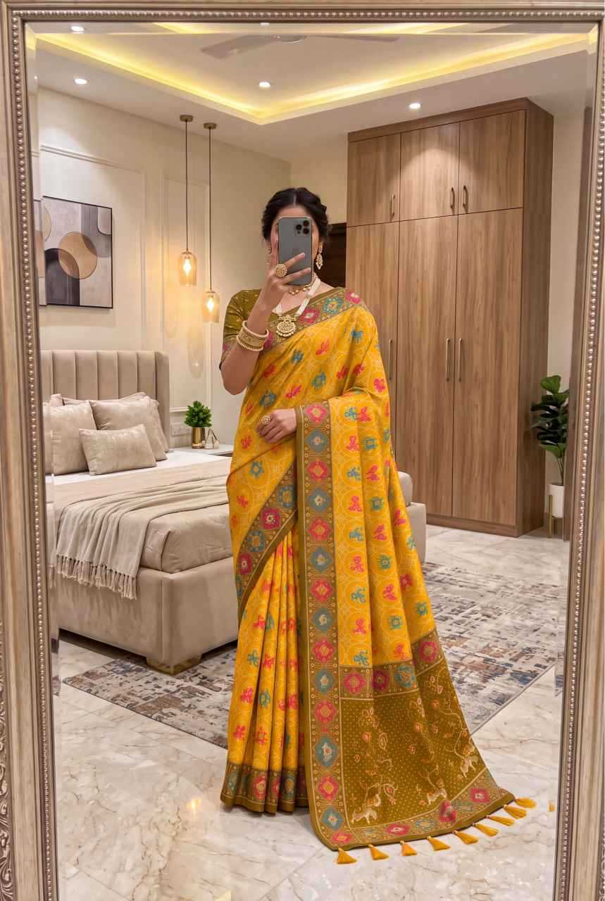 Patola Premium Silk Soft Saree in Yellow