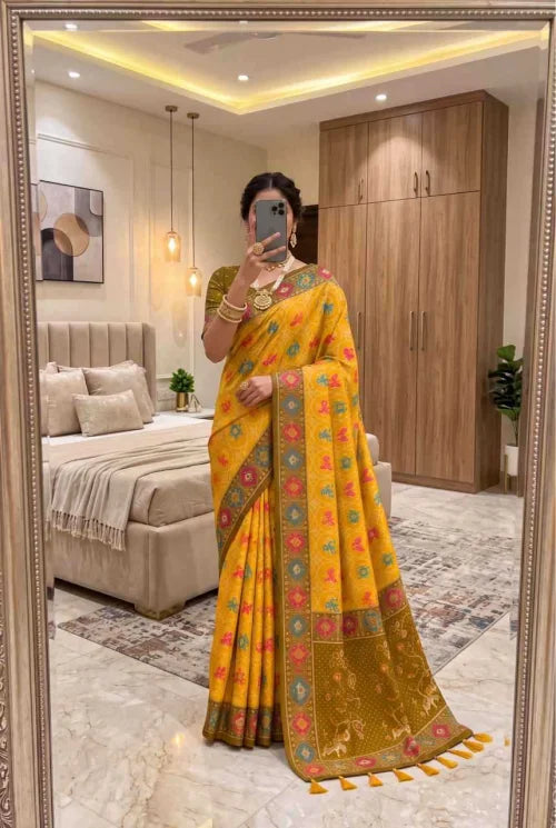 Patola Premium Silk Soft Saree in Yellow