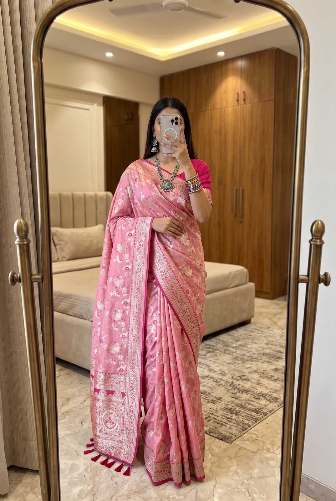 Radhika Banarasi Soft Silk Zari Border Saree