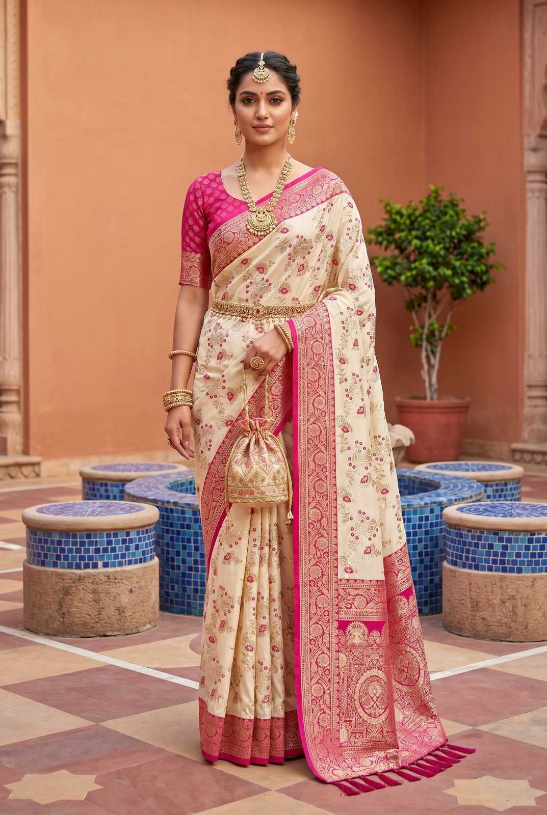 Radhika Banarasi Soft Silk Zari Border Saree in Pink