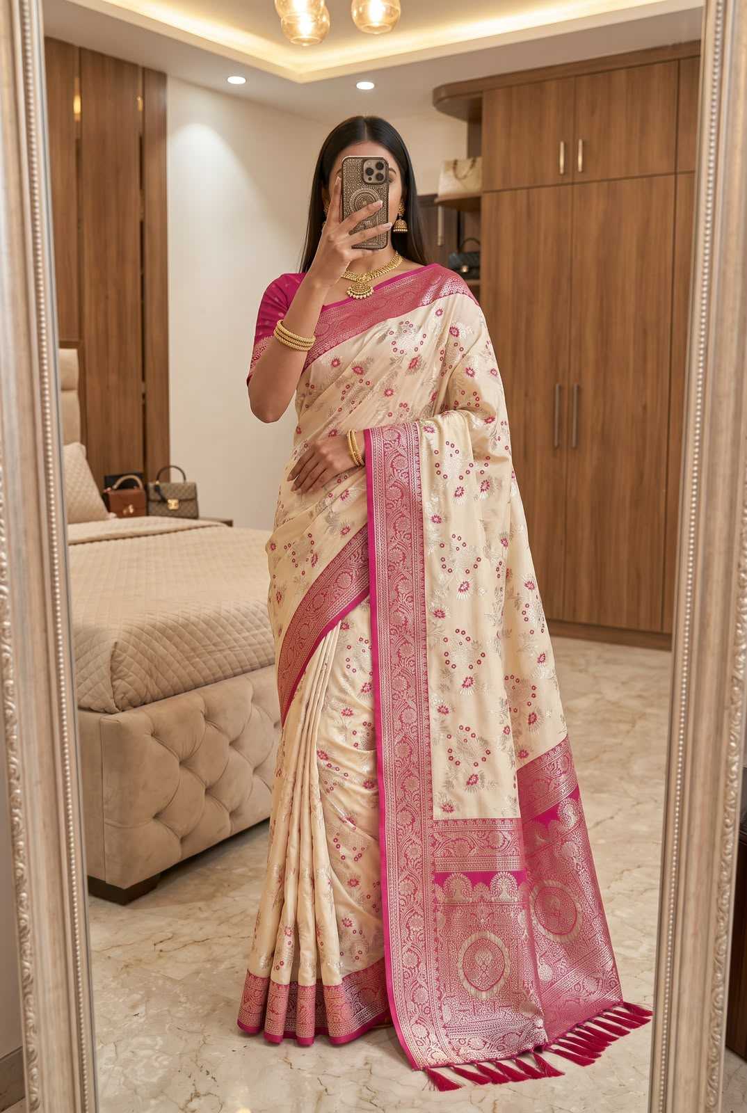 Radhika Banarasi Soft Silk Zari Border Saree
