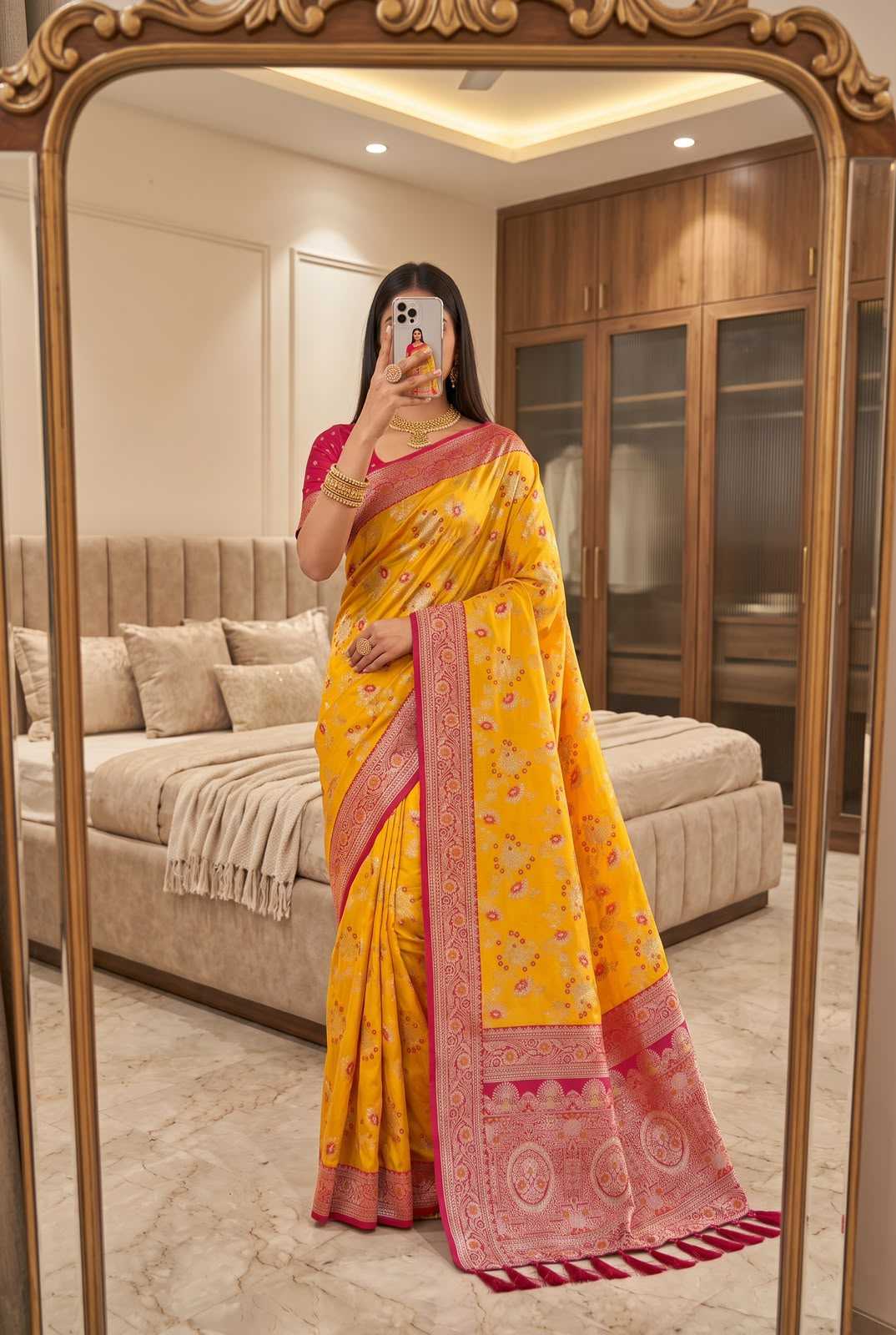 Radhika Banarasi Soft Silk Zari Border Saree