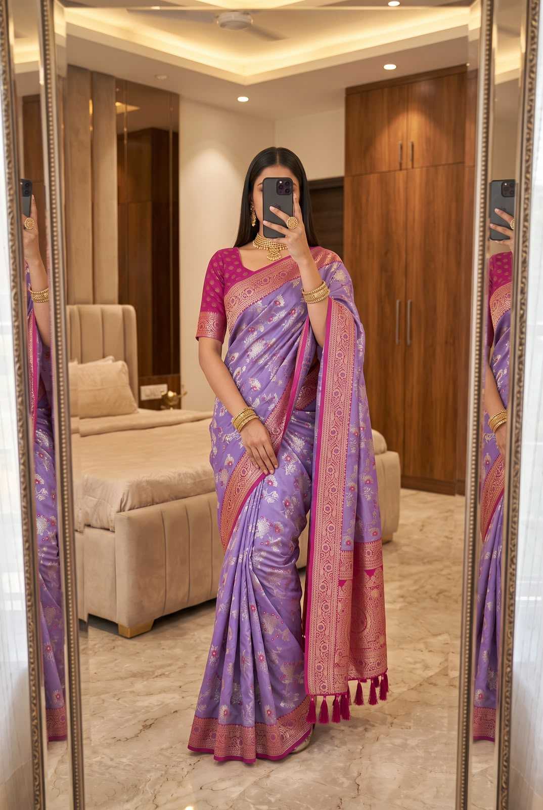 Radhika Banarasi Soft Silk Zari Border Saree