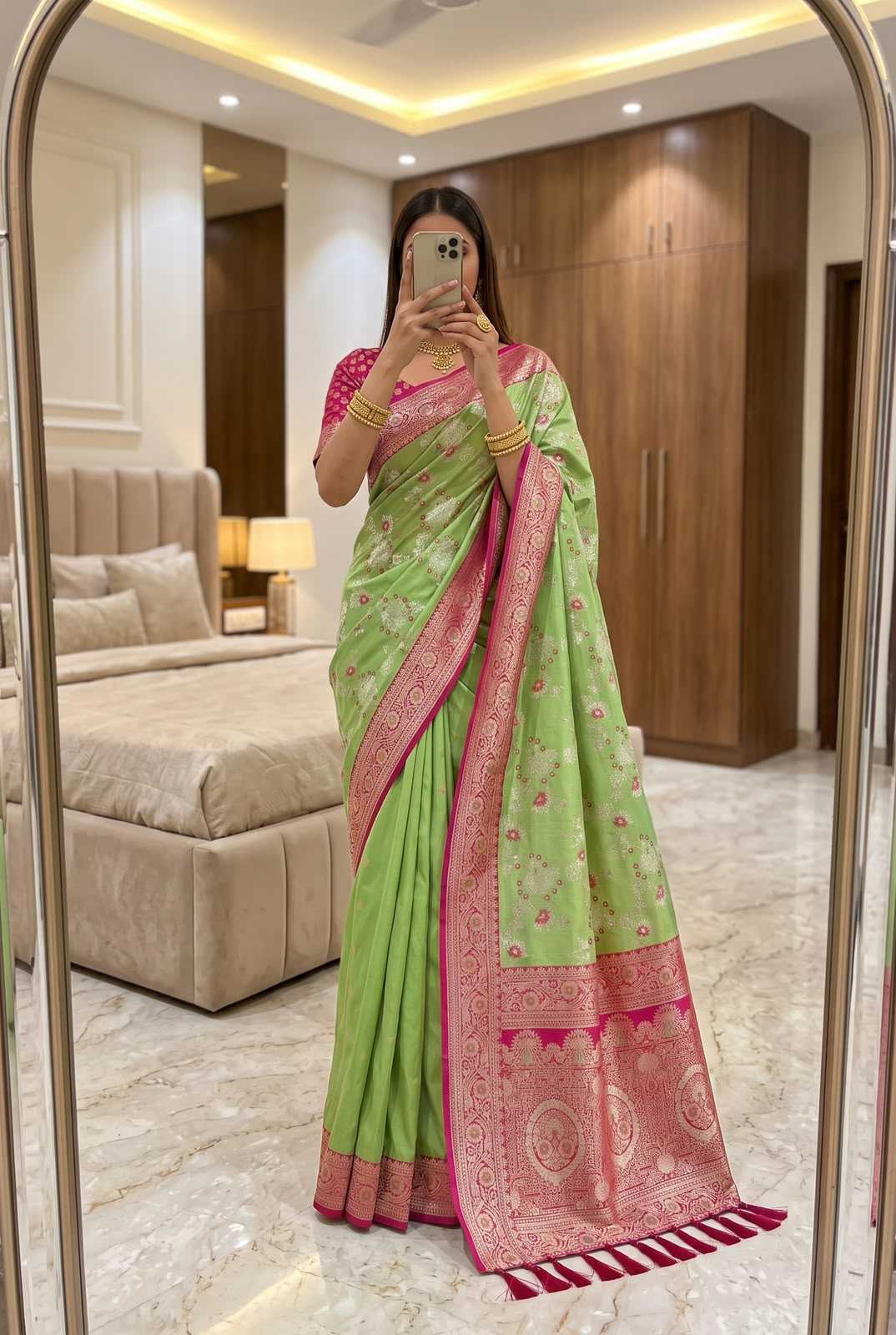 Radhika Banarasi Soft Silk Zari Border Saree
