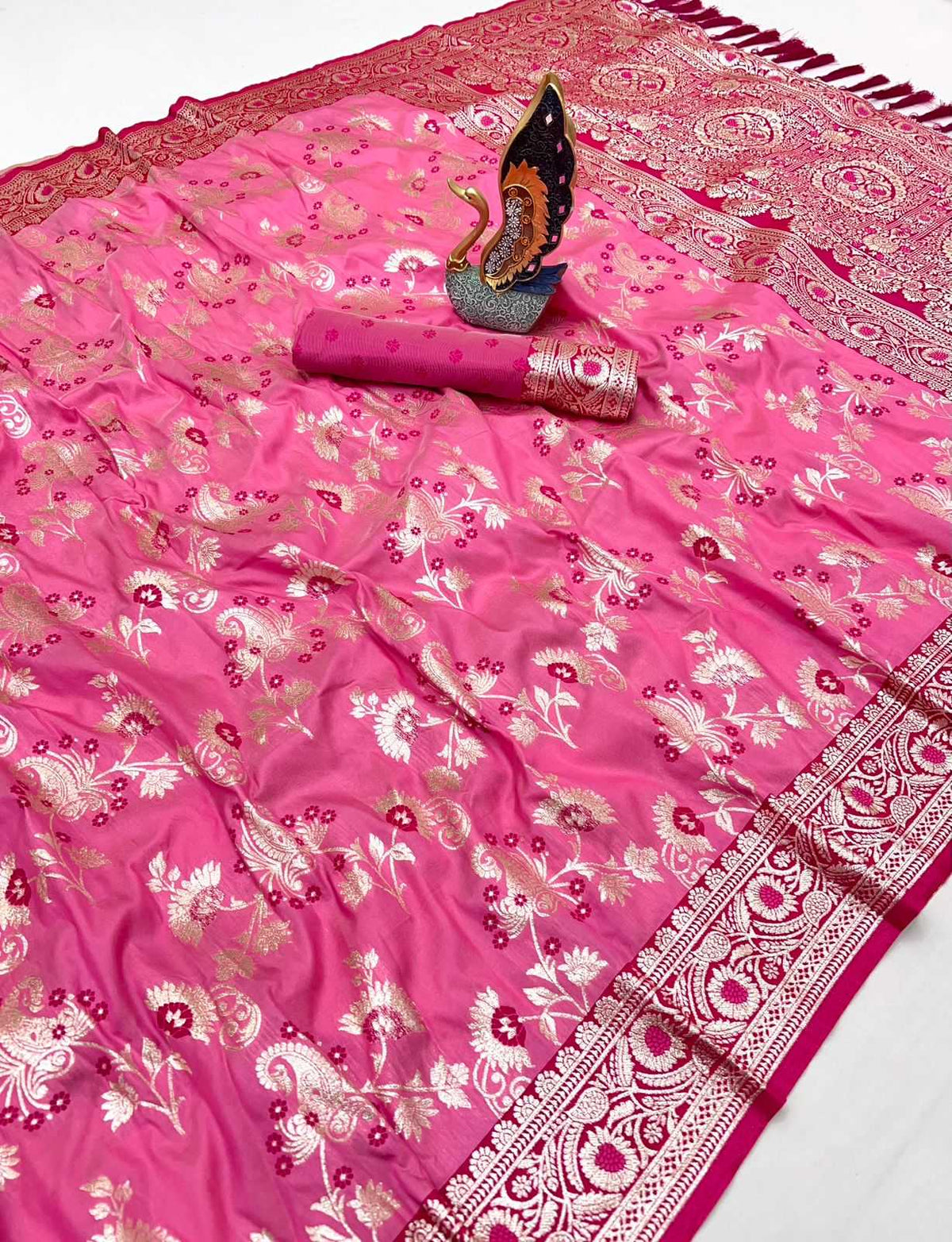 Radhika Banarasi Soft Silk Zari Border Saree in Pink