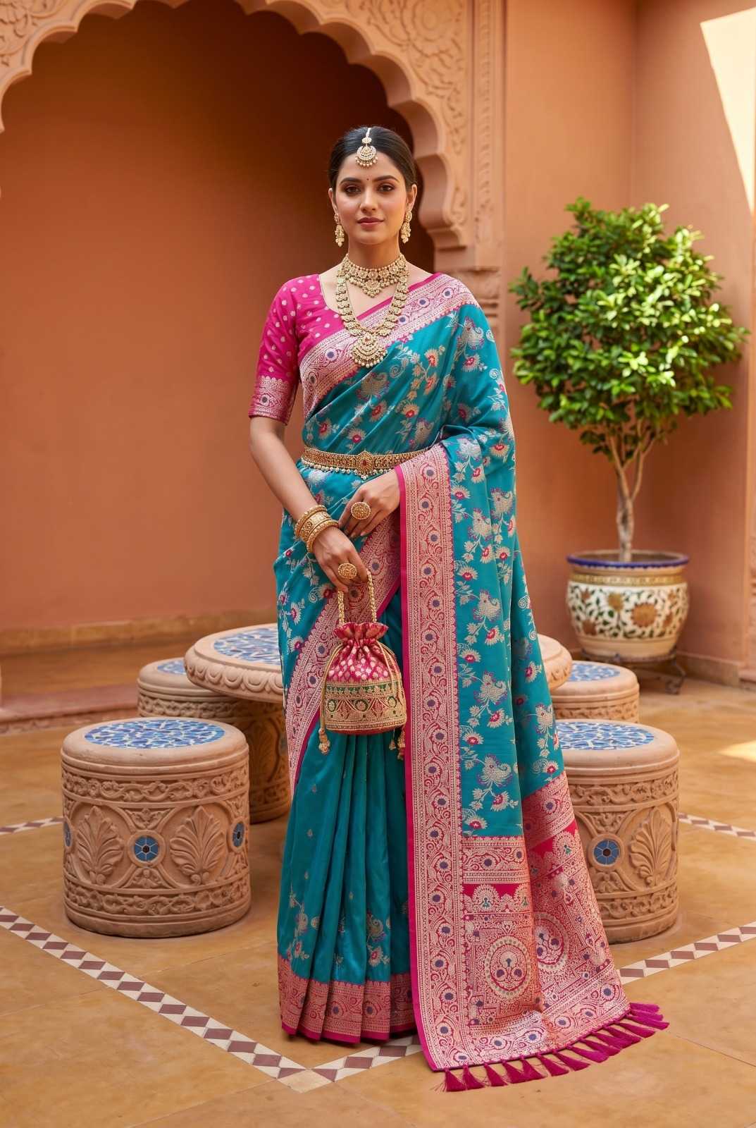 Radhika Banarasi Soft Silk Zari Border Saree in Pink