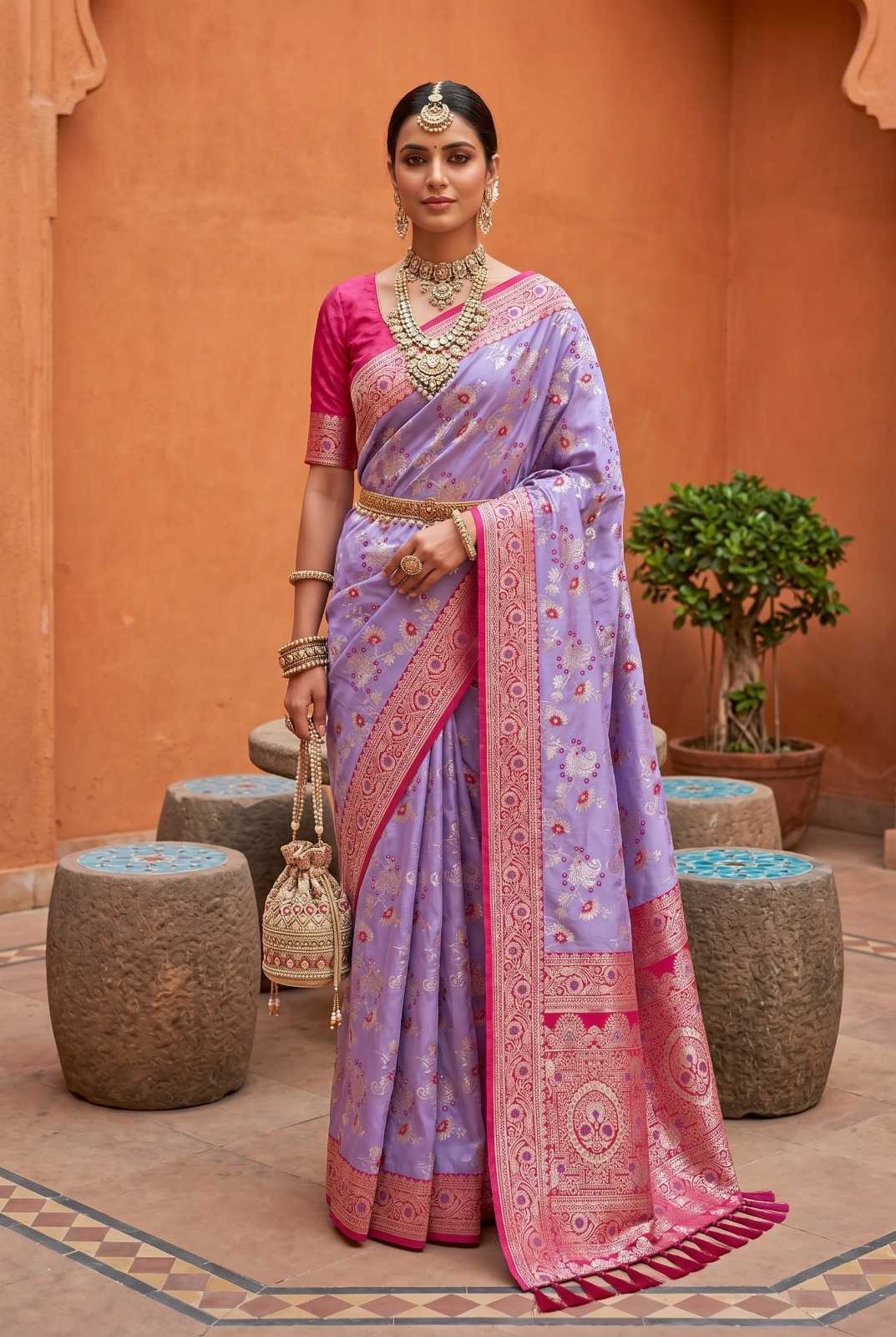 Radhika Banarasi Soft Silk Zari Border Saree in Pink