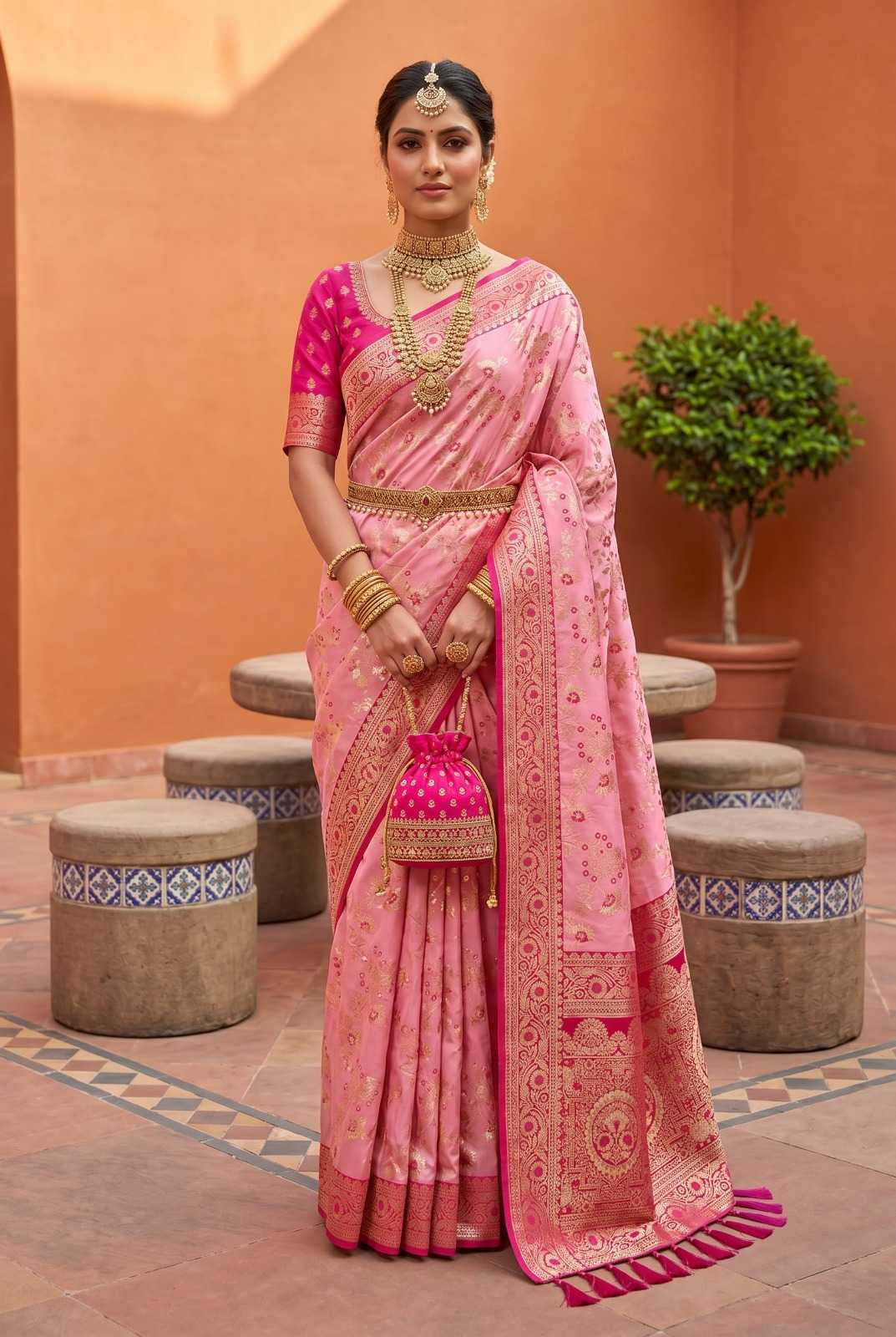 Radhika Banarasi Soft Silk Zari Border Saree in Pink