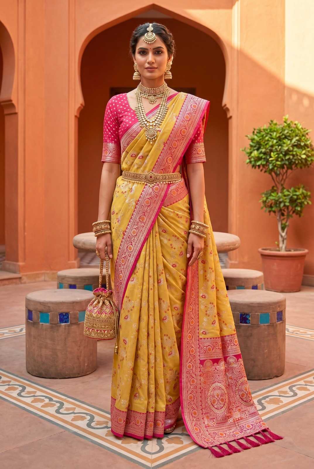 Radhika Banarasi Soft Silk Zari Border Saree in Pink
