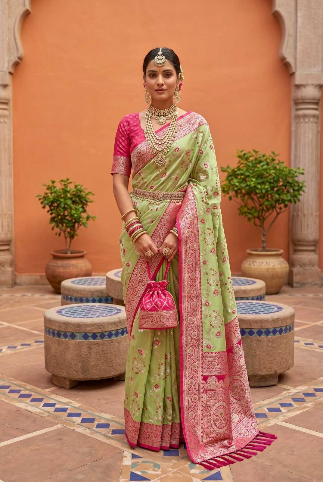 Radhika Banarasi Soft Silk Zari Border Saree in Pink