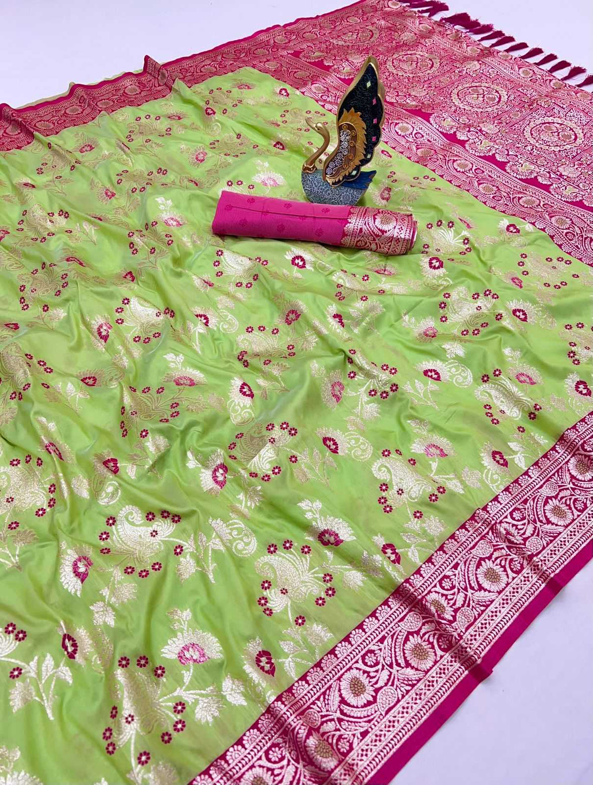 Radhika Banarasi Soft Silk Zari Border Saree in Pink