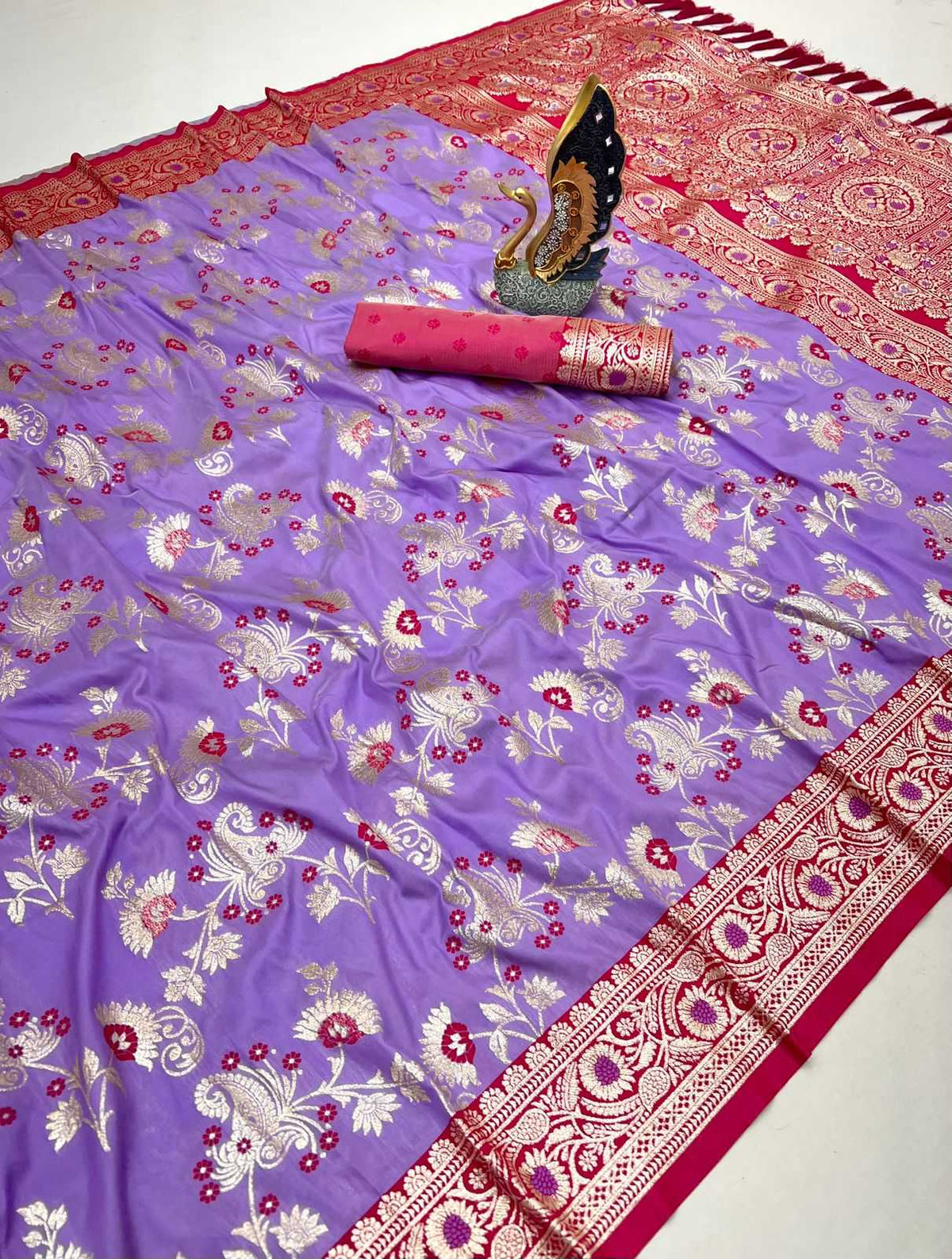 Radhika Banarasi Soft Silk Zari Border Saree in Pink