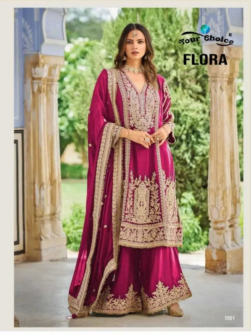 Chinon Embroidery Suit in Rani