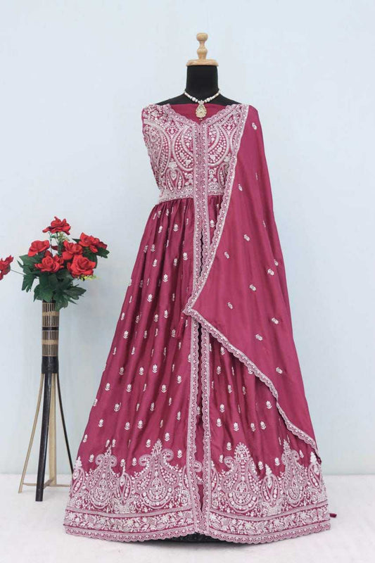 Chinon Silk Embroidery Suit in Pink