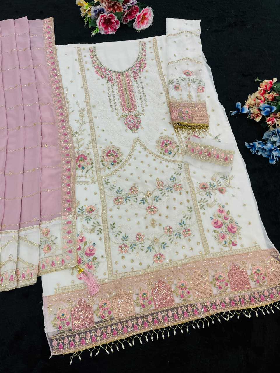 Faux Georgette Embroidery Suit in Blue