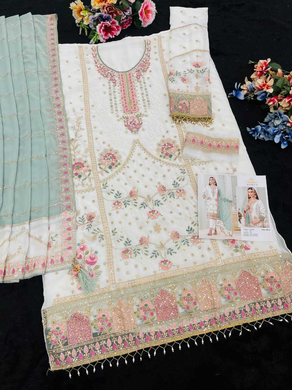 Faux Georgette Embroidery Suit in Blue