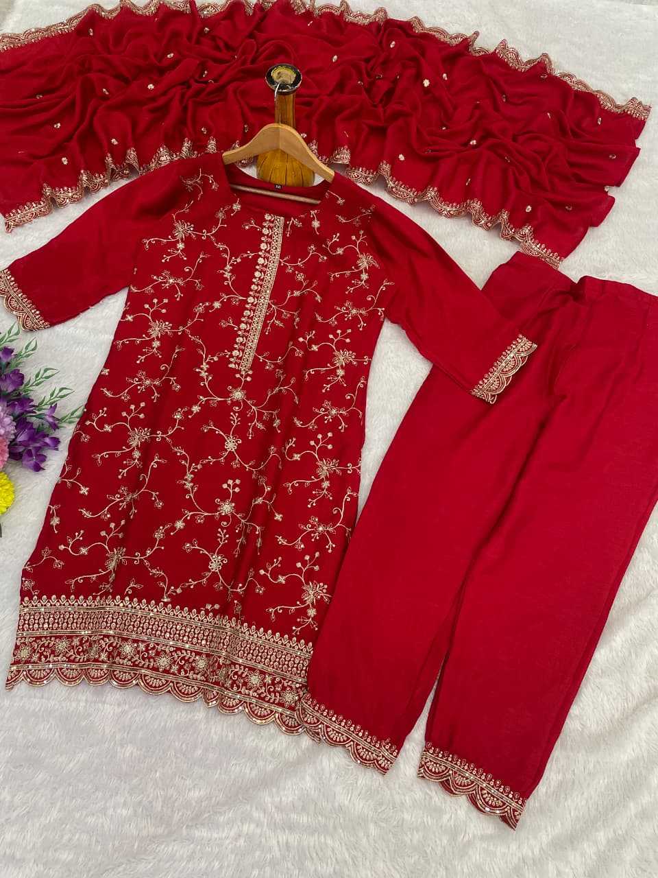 Chinon Silk Embroidery Suit in Sea Blue