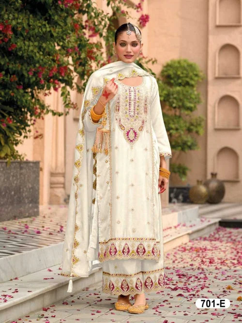 Chinon Silk Embroidery Suit in White