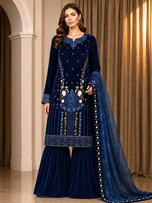 Velvet Embroidery Suit in Blue