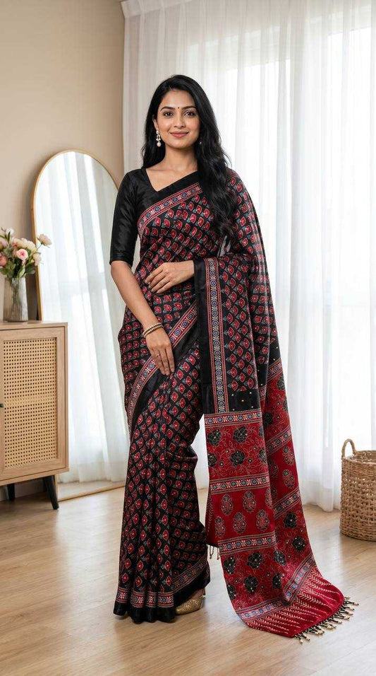 Satin Ajrakh Saree