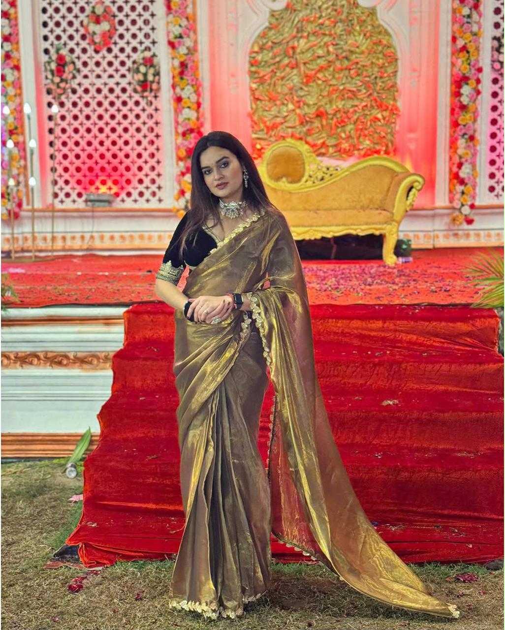 Soft Gold Crush Hand Work Saree